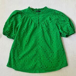 PrettyGarden Eyelet Blouse Kelly Green Ruffle Mock Neck Puff Sleeve XL